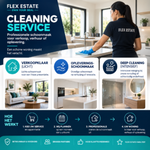 Professionele schoonmaakservice voor woningen door Flex Estate, met verkoopklaar maken, opleveringsschoonmaak en dieptereiniging.